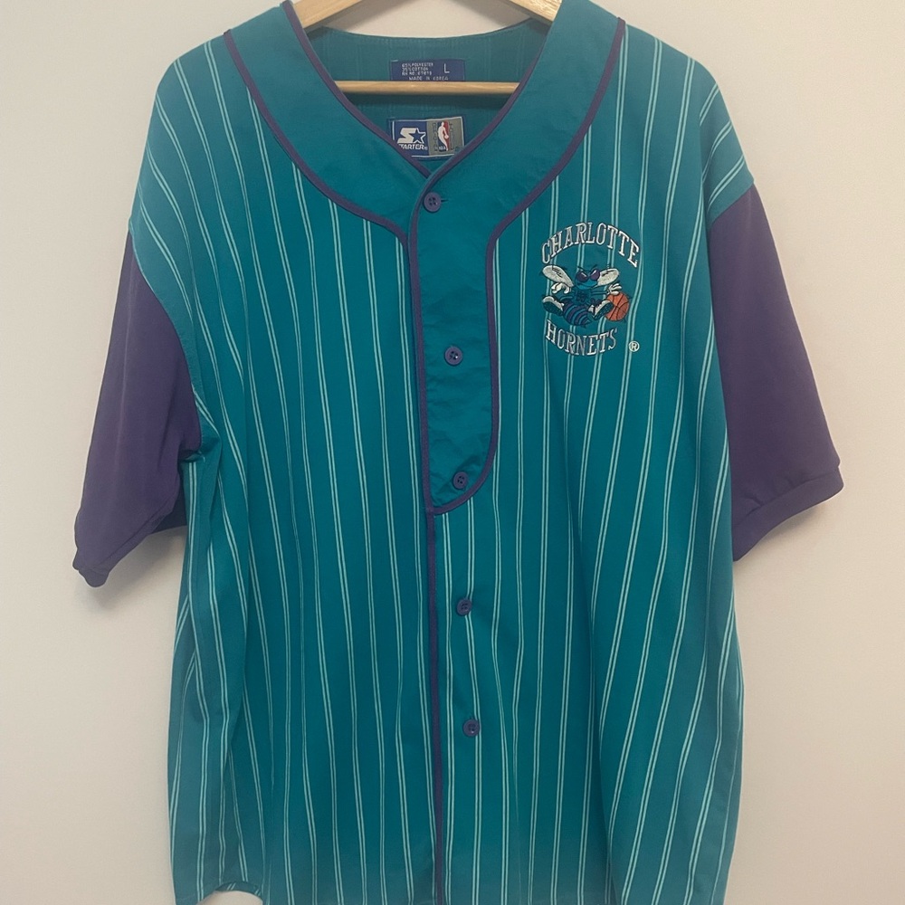 STARTER Charlotte Hornets Teal & Purple Pinstripe Jersey Sweater